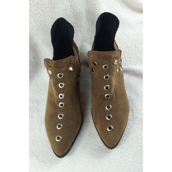 Studded Shoe Boot Two-Tone Brown Faux Leather Silver Studs Medium Block Heel - Picture 6 of 13